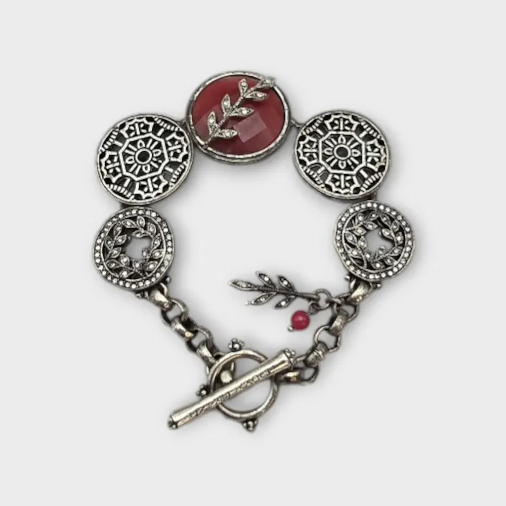 Lucky Brand Red Stone Medallion Bracelet – Rustic Boho Silver Tone